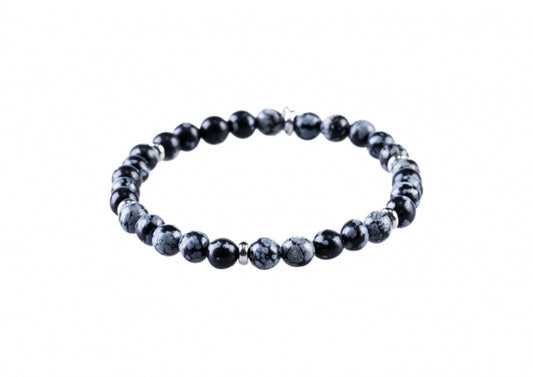 6MM BLACK & BLUE AGATE BEAD BRACELET WITH STAINLESS STEEL DISCS